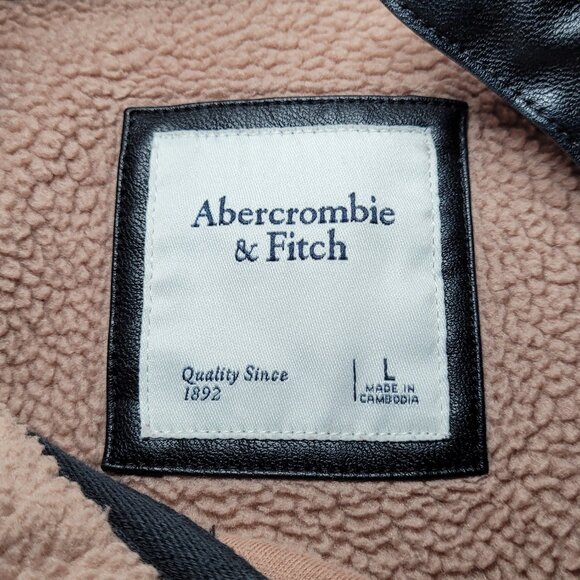 Abercrombie & Fitch Tan & Black Faux Leather Quilted Sherpa Fleece Pullover Sz L - Picture 8 of 11